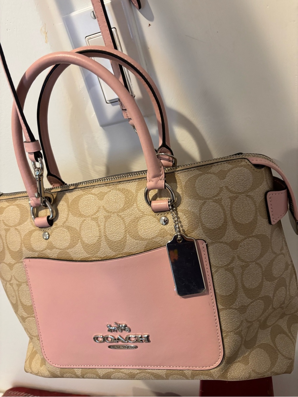 COACH Emma Signature Canvas Satchel with Pink Leather Trim Mint